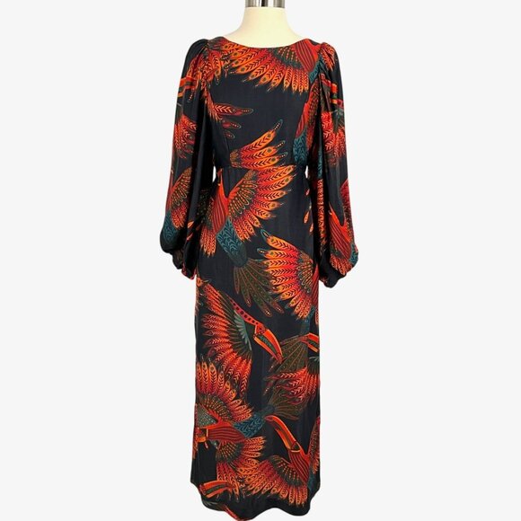 Farm Rio Arabesque Toucans Open Back Midi Dress in Multi Size S Long Sleeve - Picture 2 of 12